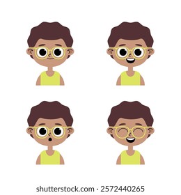 Afro child character with glasses and yellow t-shirt in pastel colors with different facial expressions, happy, joyful, surprised, scared and smiling.