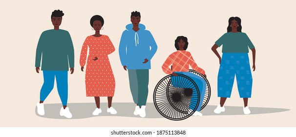 Afro community isolated. Flat vector stock illustration. African friends. Concept of an African community, an inclusive society. Illustration with men and women, a disabled person in a wheelchair