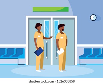 afro couple medicine workers in elevator door vector illustration design