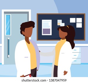 afro couple medicine workers in hospital corridor