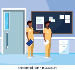 afro couple medicine workers in hospital corridor vector illustration design
