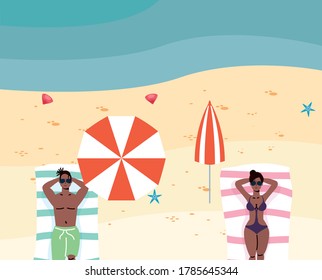 afro couple on the beach practicing social distance vector illustration design