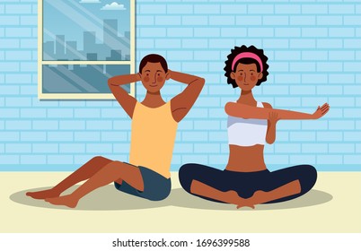 afro couple practicing exercise in the house vector illustration design