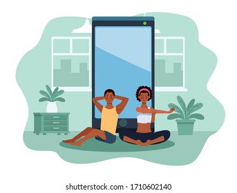 afro couple practicing online exercise and yoga for quarantine vector illustration design