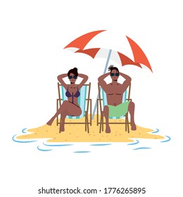 afro couple relaxing on the beach seated in chairs and umbrella vector illustration design