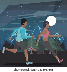 afro couple running at night in the field scene vector illustration design