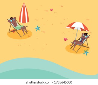 afro couple seated in beach chairs practicing social distance vector illustration design