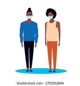 afro couple using face mask for covid19 vector illustration design