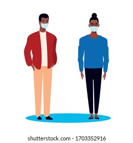 afro couple using face mask for covid19 vector illustration design