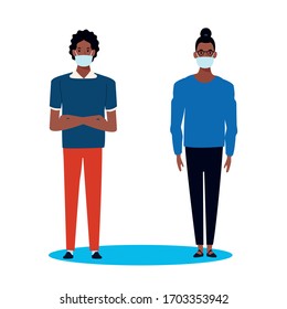 afro couple using face mask for covid19 vector illustration design