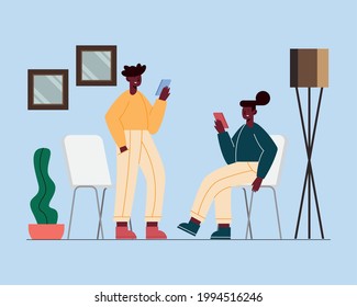 afro couple using mobile devices