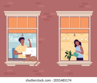 afro couple in windows building scene