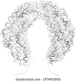 Afro curls, natural, romantic, volume hairstyle fashion illustration, black and white vector outline drawing 