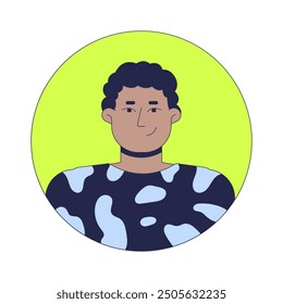 Afro curly hair black man smirking 2D linear vector avatar illustration. African american young male cartoon character face portrait. Corporate employee casual flat color user profile image isolated