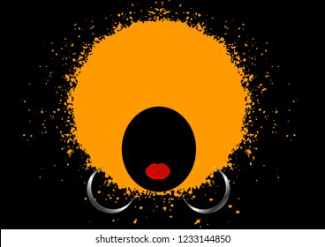 Afro Curly hair style concept. Portrait African Women , dark skin female face with hair afro and ethnic traditional earrings, big red lips, vector isolated splatter style or black background 