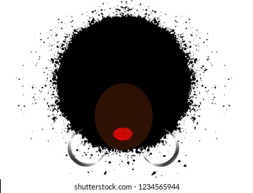 Afro Curly hair style concept. Portrait African Women , dark skin female face with hair afro and ethnic traditional earrings, big red lips, vector isolated splatter style or white background