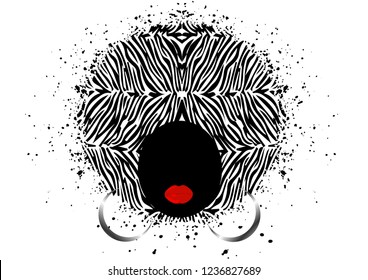 Afro Curly hair style concept. Portrait African Women , dark skin female face with hair afro and ethnic traditional earrings, red lips, vector isolated splatter style or white background