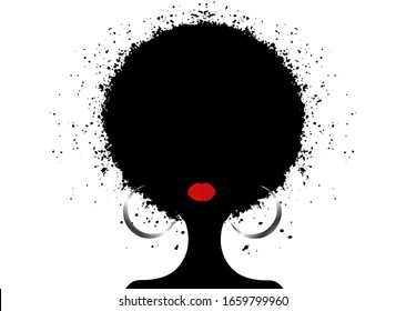 Afro Curly hair style concept. Portrait African Women , dark skin female face with hair afro and ethnic traditional earrings, big red lips, vector isolated splatter style or white background