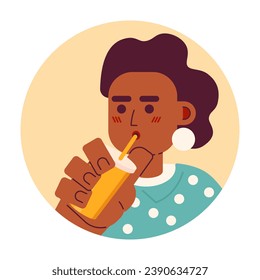 Afro curly hair stylish woman sipping straw 2D vector avatar illustration. Coffee enjoying girl cartoon character face. Black lady drinking milkshake flat color user profile image isolated on white