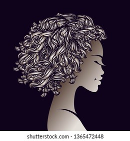 Afro curly hairstyle illustration.Beautiful African American woman portrait with big hair and elegant, natural makeup.Style, beauty and hair salon logo isolated on dark background.