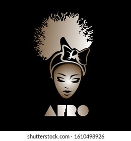 Afro curly hairstyle illustration.Beautiful African American young woman portrait with big hair and elegant makeup.Style, beauty and hair salon logo isolated on dark background.Shiny metallic color.