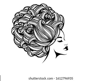 Afro curly hairstyle illustration.Beautiful African American young woman portrait with big hair and elegant makeup.Style, beauty and hair salon logo isolated on white background.Female head.