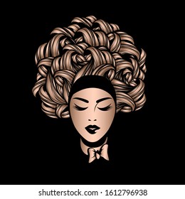 Afro curly hairstyle illustration.Beautiful African American young woman portrait with big hair and elegant makeup.Style, beauty and hair salon logo isolated on dark background.Shiny metallic color.