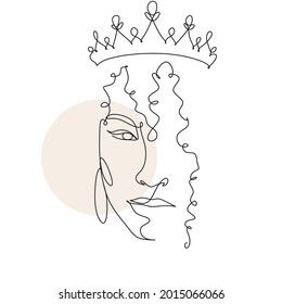 Afro ethnic girl with curly hair line art. Female minimal logo. Black Woman with crown vector.  Abstract beautiful woman print