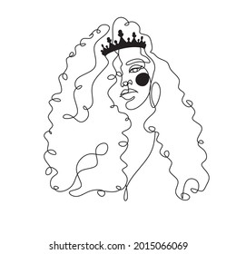 Afro Ethnic Girl With Curly Hair Line Art. Female Minimal Logo. Black Woman With Crown Vector.  Abstract Beautiful Woman Print