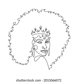 Afro Ethnic Girl With Curly Hair Line Art. Female Minimal Logo. Black Woman With Crown Vector.  Abstract Beautiful Woman Print