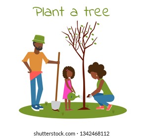 Afro family planting tree outdoors. Man, woman, girl planting trees. Child planting trees. Flat vector illustration. Arbor Day. 