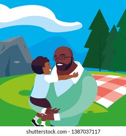 afro father with son in the field picnic day