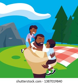 afro father with sons characters in the field picnic day
