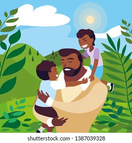 afro father with sons characters in the field