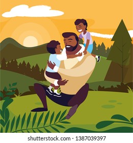 afro father with sons characters in the field