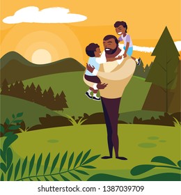 afro father with sons characters in the field