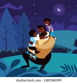 afro father with sons characters in the field at night
