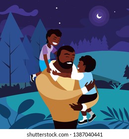 afro father with sons characters in the field at night