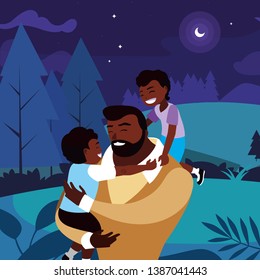 afro father with sons characters in the field at night