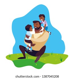 afro father with sons characters in the field
