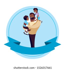afro father with sons characters in frame vector illustration design