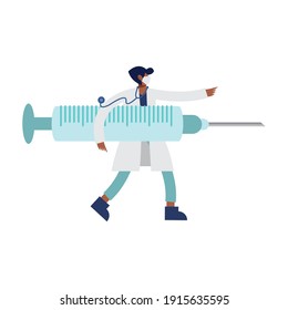 afro female doctor wearing medical mask with syringe vaccine character vector illustration design