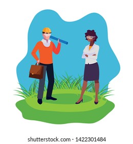 afro female engineer worker with architect on the lawn