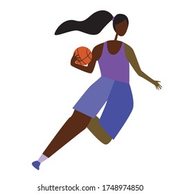 An afro girl with black skin plays basketball. Stock vector flat illustration with a young or adult person and a game of basketball. Character is isolated on a white background.