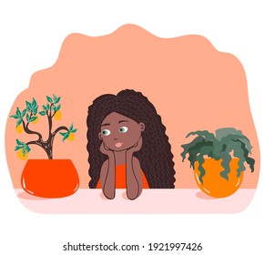 Afro girl with curly hair and home plants in orange and yellow pots on the table. Growing lemon at home. Vector illustration. 