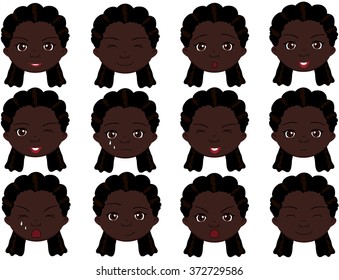 Afro girl emotions: joy, surprise, fear, sadness, sorrow, crying, laughing, cunning wink. Vector cartoon illustration