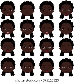 Afro girl emotions: joy, surprise, fear, sadness, sorrow, crying, laughing, cunning wink. Vector cartoon illustration