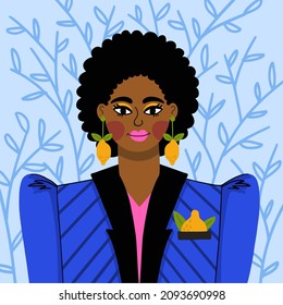 Afro girl in a fashionable style in a blue jacket with large lemon earrings. Outfit for a party or business dinner