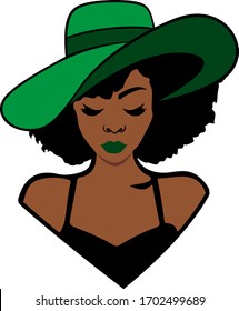 Afro girl with green hat, black woman, african-amarican