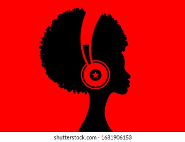 The Afro Girl Listens To Music On Headphones. Music Therapy. Profile Of A Young African American Woman. Musician Avatar Side View. Vector Flat Illustration Isolated On Red Background